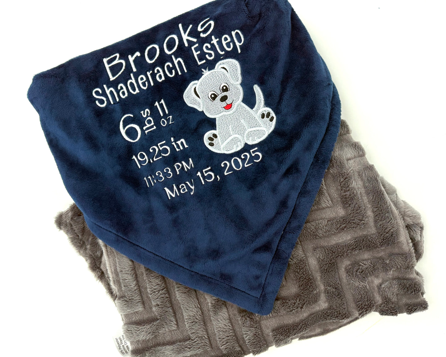 Navy Minky Baby Blanket with Puppy Applique, Personalized Blanket with Birth Stats