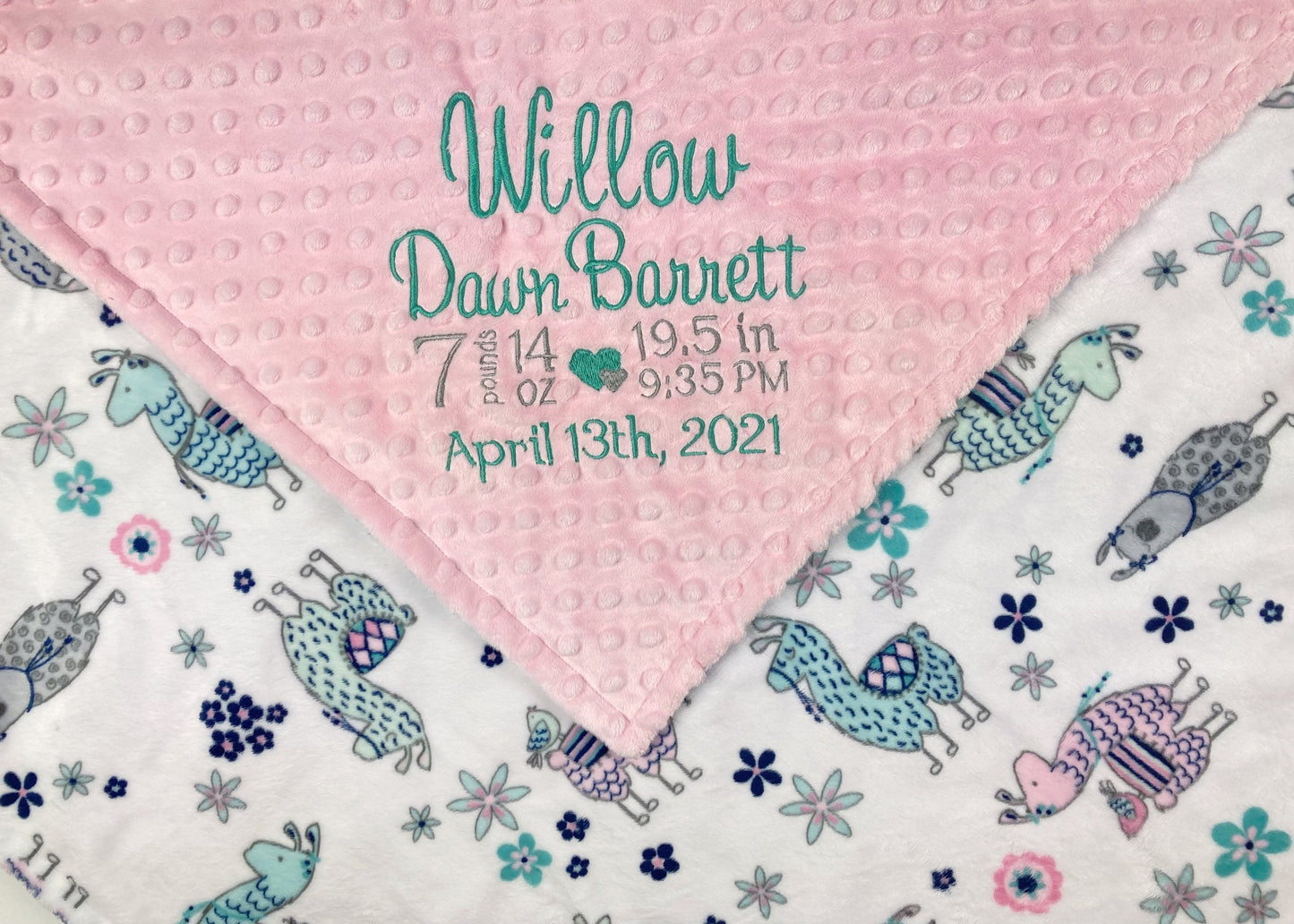 Pink Baby Blanket with Embroidered Birth Stats, Pink and Teal Llama Minky, Keepsake Gift for Baby Girl