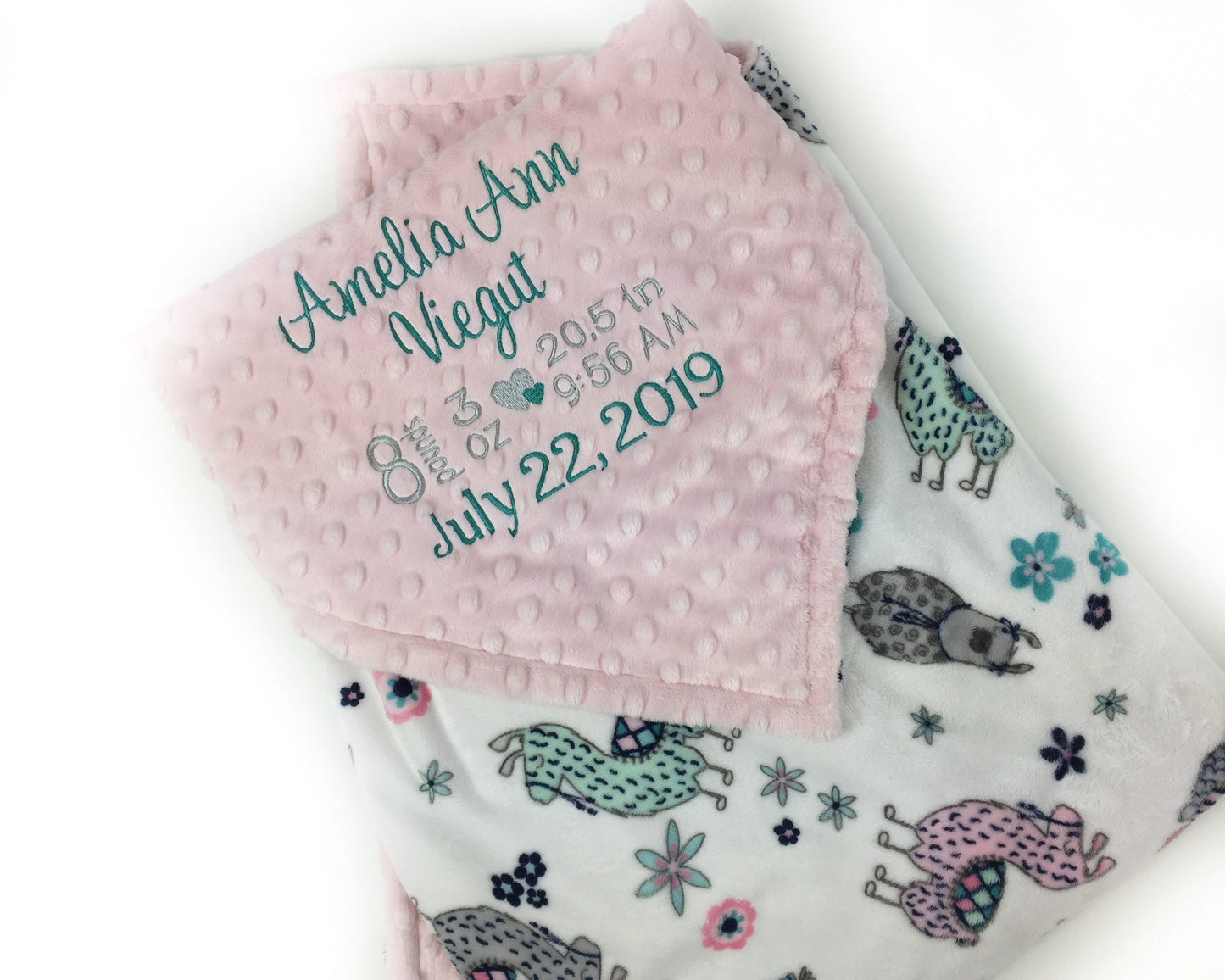 Pink Baby Blanket with Embroidered Birth Stats, Pink and Teal Llama Minky, Keepsake Gift for Baby Girl