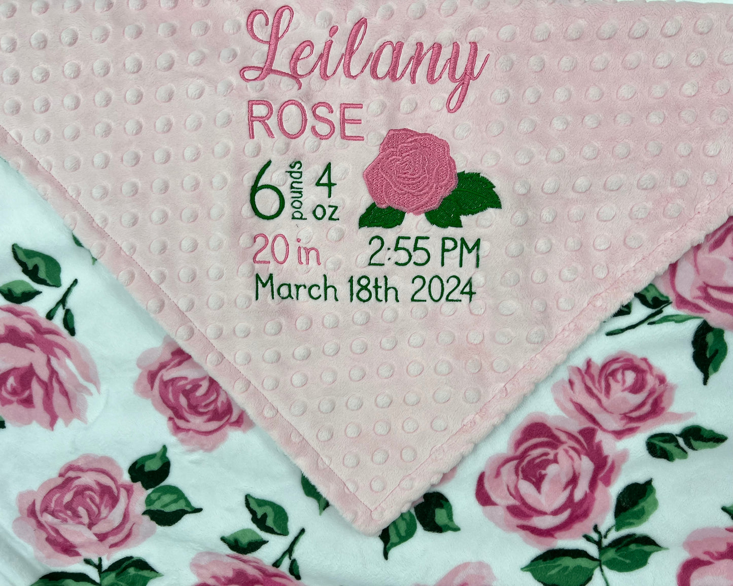 Baby Girl Blanket, Pink Roses Minky, Personalized with Name, Birth Stats Blanket