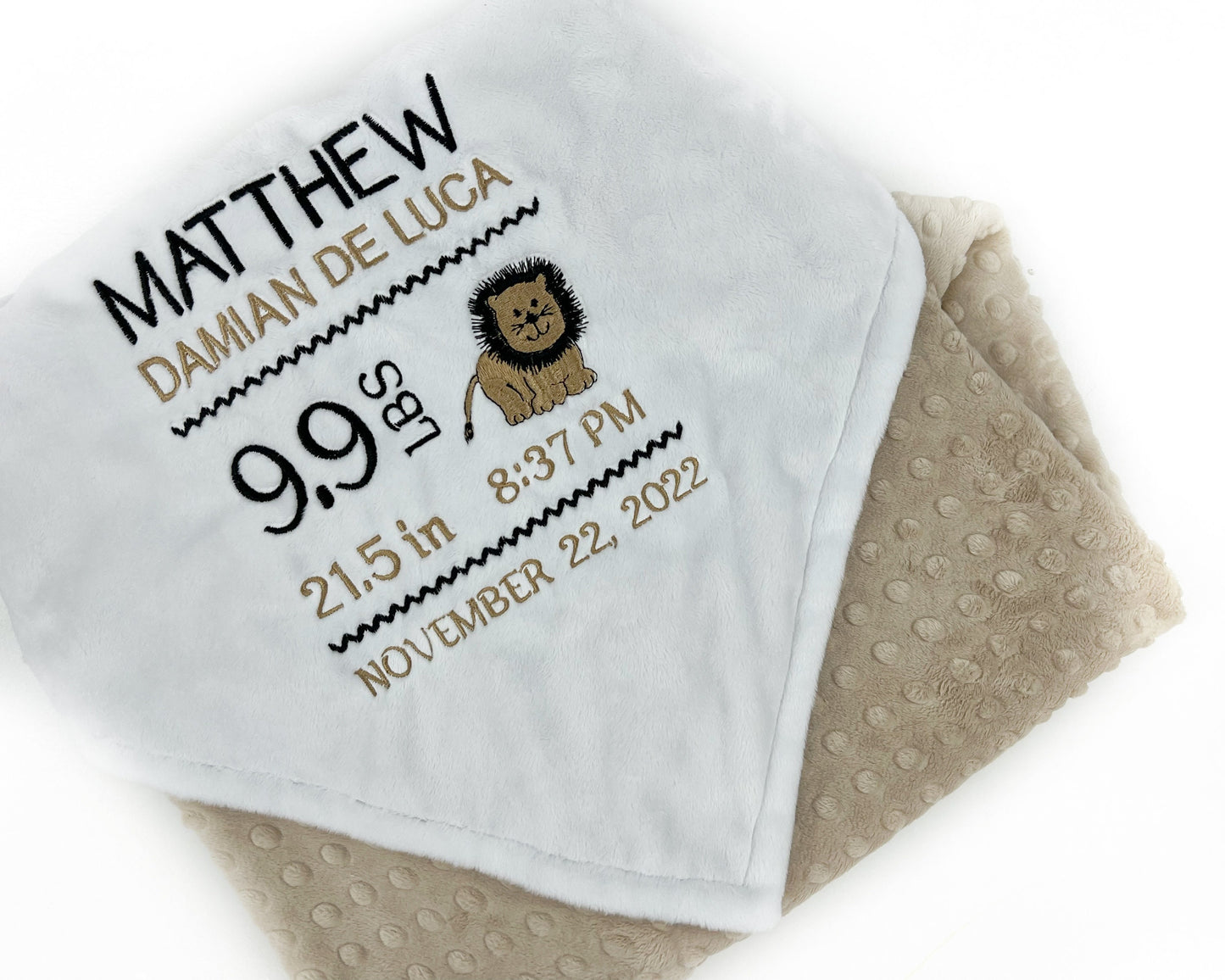 Personalized Baby Blanket, Tan and White Minky Blanket, Birth Stats Design, Lion Nursery Theme, Keepsake Gift for Baby Boy, Latte Blanket