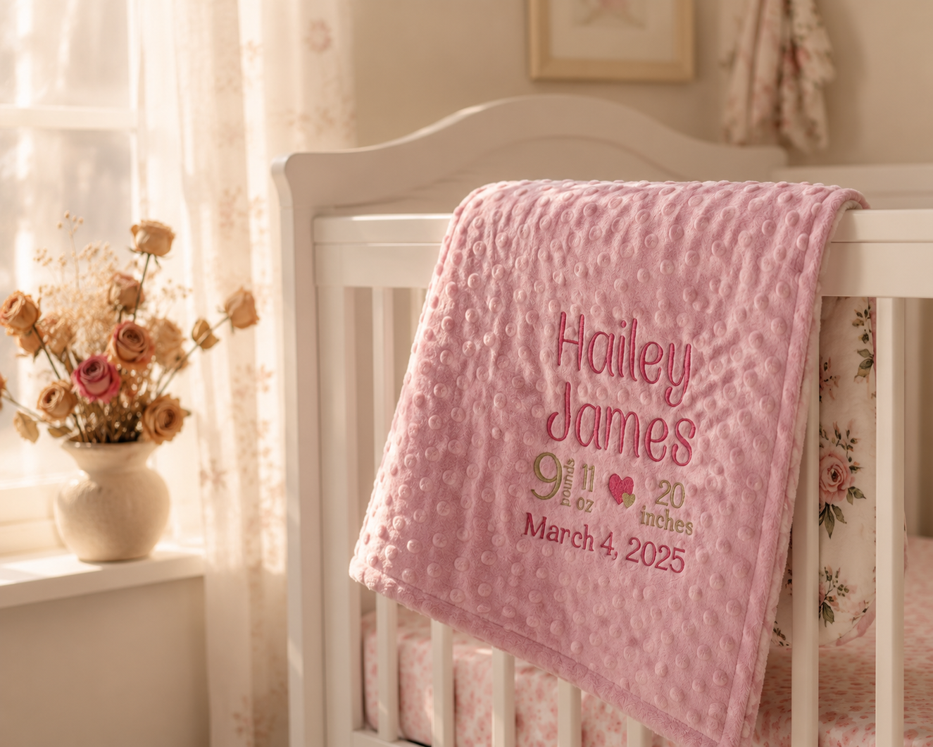 Embroidered birth stats blanket with a baby's name, date, weight, and length stitched in soft minky fabric.
