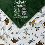 View details for Minky Baby Blanket, Green Woodland Animal Minky, Birth Stats with Raccoon, Personalized Gift for Baby Minky Baby Blanket, Green Woodland Animal Minky, Birth Stats with Raccoon