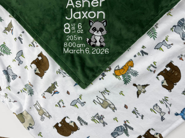 View details for Minky Baby Blanket, Green Woodland Animal Minky, Birth Stats with Raccoon, Personalized Gift for Baby Minky Baby Blanket, Green Woodland Animal Minky, Birth Stats with Raccoon
