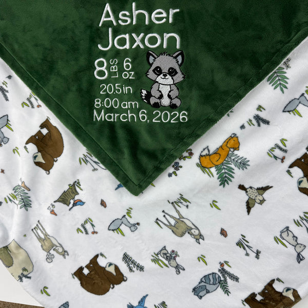 View details for Minky Baby Blanket, Green Woodland Animal Minky, Birth Stats with Raccoon, Personalized Gift for Baby Minky Baby Blanket, Green Woodland Animal Minky, Birth Stats with Raccoon