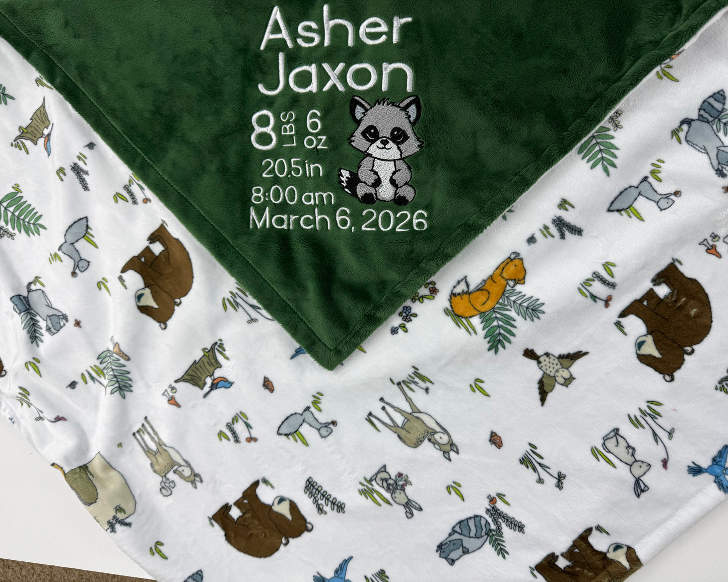 View details for Minky Baby Blanket, Green Woodland Animal Minky, Birth Stats with Raccoon, Personalized Gift for Baby Minky Baby Blanket, Green Woodland Animal Minky, Birth Stats with Raccoon