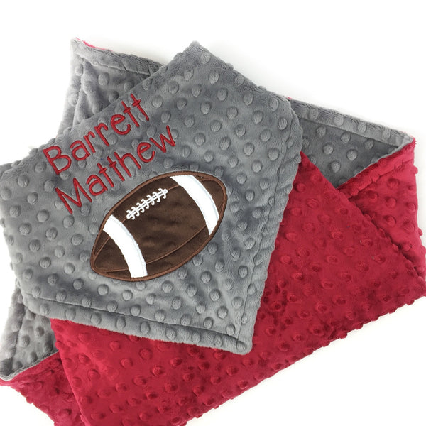Personalized Football Blanket, Crimson Red and Gray Minky, Choose Your Team Colors, Baby Blanket, Toddler Blanket