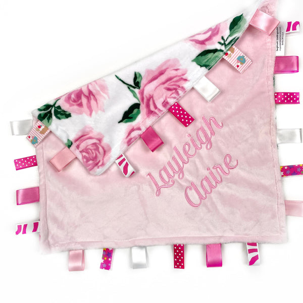 Personalized Lovey Tag Blanket, Pink Floral minky Sensory Blanket for Girls
