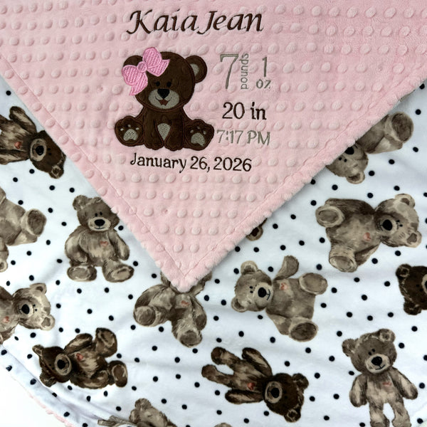 Baby Blanket with Teddy Bear, Pink Minky Blanket, Personalized with Name, a Keepsake Gift for Girls