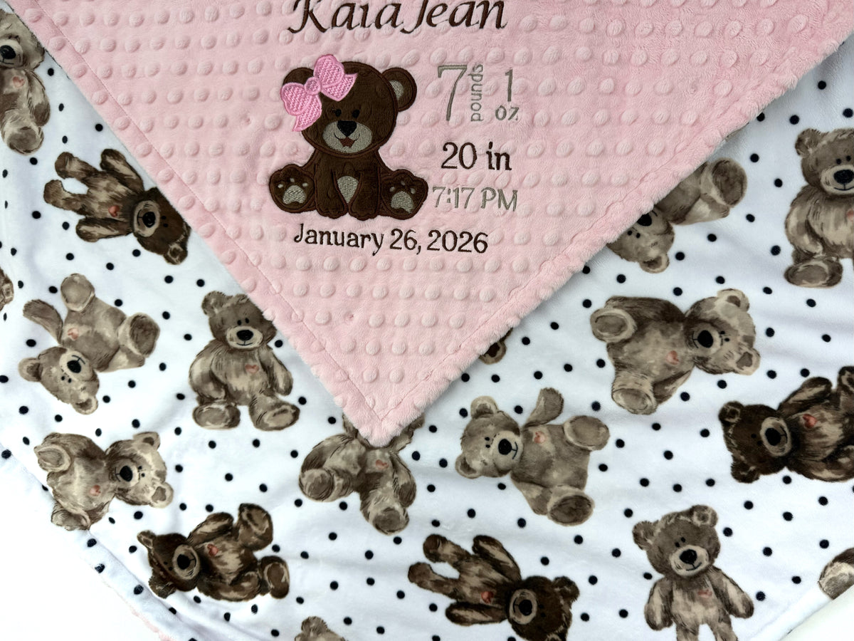Baby Blanket with Teddy Bear, Pink Minky Blanket, Personalized with Name, a Keepsake Gift for Girls