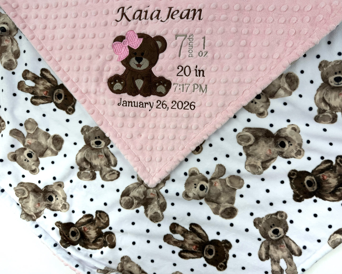 Baby Blanket with Teddy Bear, Pink Minky Blanket, Personalized with Name, a Keepsake Gift for Girls