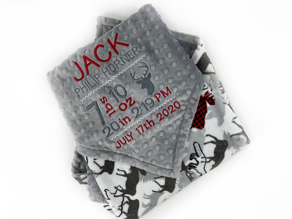 Personalized Baby Blanket, Gray White Minky, Deer Moose Bear, Birth Stats, Keepsake Gift for Baby Boy