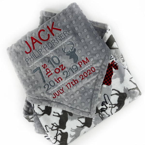 Personalized Baby Blanket, Gray White Minky, Deer Moose Bear, Birth Stats, Keepsake Gift for Baby Boy