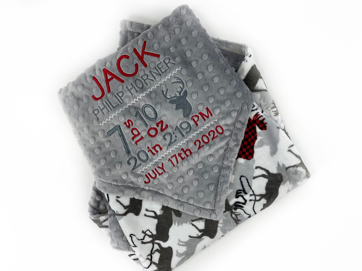 Personalized Baby Blanket, Gray White Minky, Deer Moose Bear, Birth Stats, Keepsake Gift for Baby Boy
