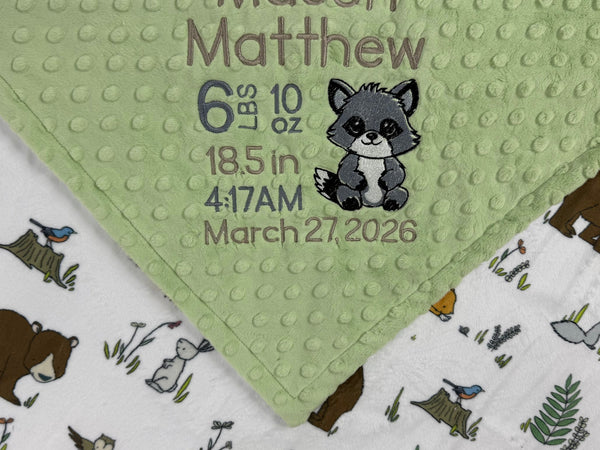 Minky Baby Blanket, Sage Green Woodland Animal Minky, Birth Stats with Raccoon, Personalized Gift for Baby