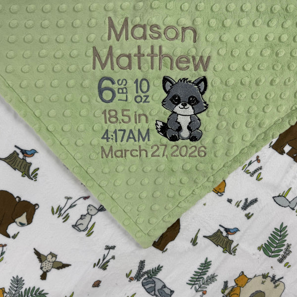 Minky Baby Blanket, Sage Green Woodland Animal Minky, Birth Stats with Raccoon, Personalized Gift for Baby