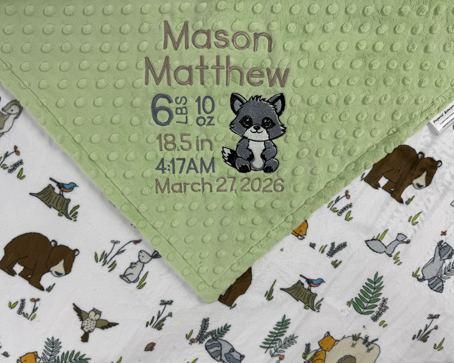 Minky Baby Blanket, Sage Green Woodland Animal Minky, Birth Stats with Raccoon, Personalized Gift for Baby