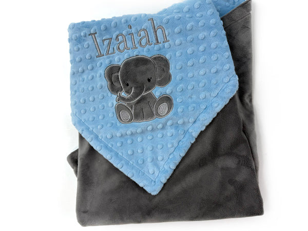 Elephant Baby Blanket, Light Blue and Gray Minky, Personalized Gift for Baby Boy