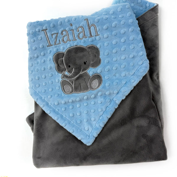 Elephant Baby Blanket, Light Blue and Gray Minky, Personalized Gift for Baby Boy