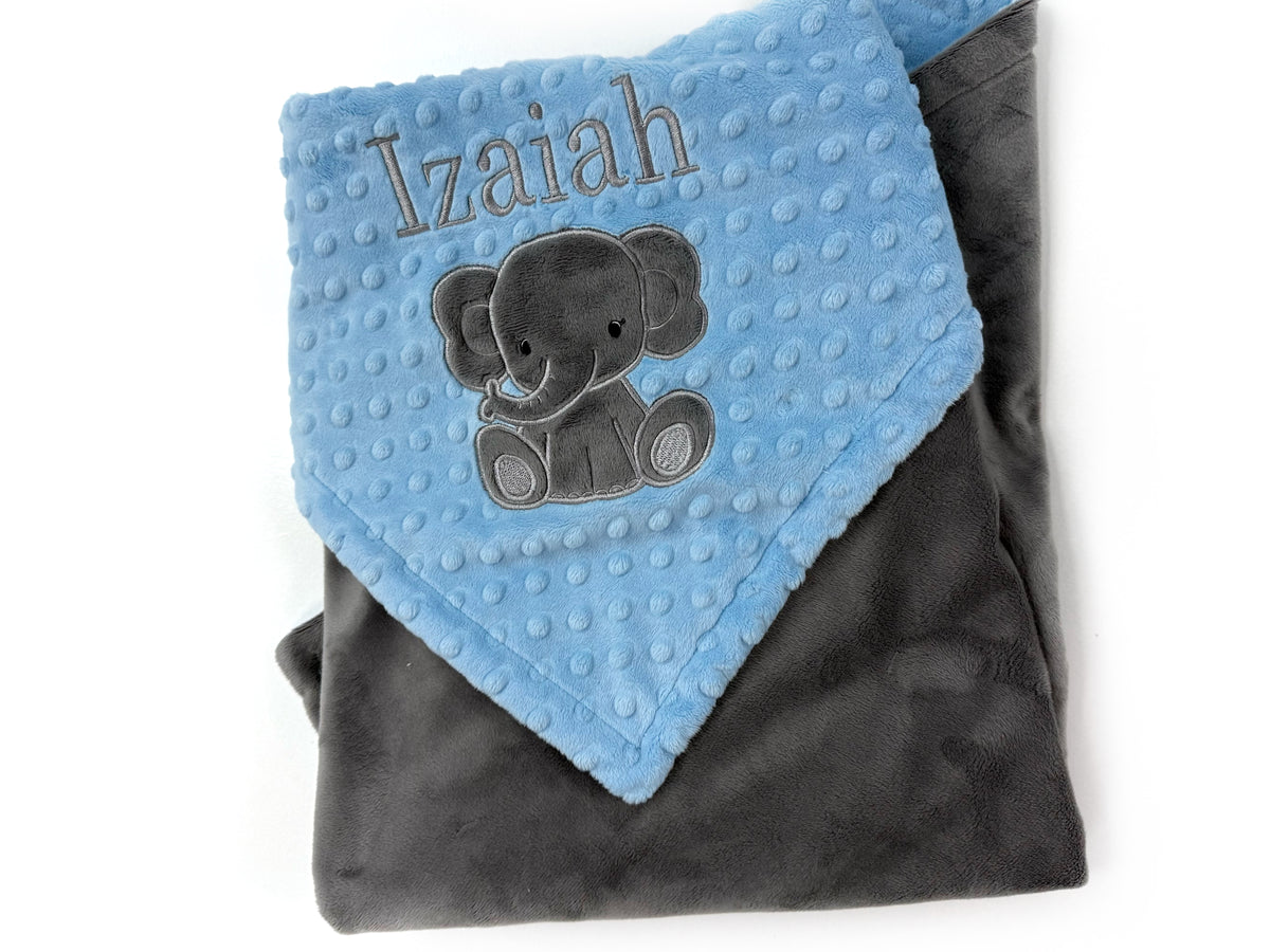 Elephant Baby Blanket, Light Blue and Gray Minky, Personalized Gift for Baby Boy