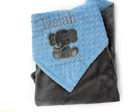 Elephant Baby Blanket, Light Blue and Gray Minky, Personalized Gift for Baby Boy