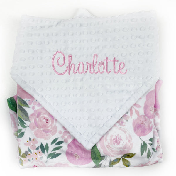Personalized Baby Blanket, White with Pink Flowers Minky, Plush Newborn Baby Blanket, Keepsake Gift for Girls, Embroidered Name Blanket