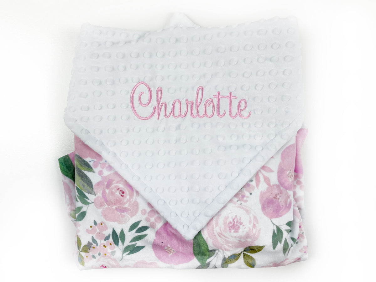Personalized Baby Blanket, White with Pink Flowers Minky, Plush Newborn Baby Blanket, Keepsake Gift for Girls, Embroidered Name Blanket