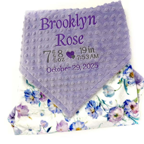Personalized Baby Blanket in Lavender Floral Minky with Name or Birth Stats, Newborn Baby Gift