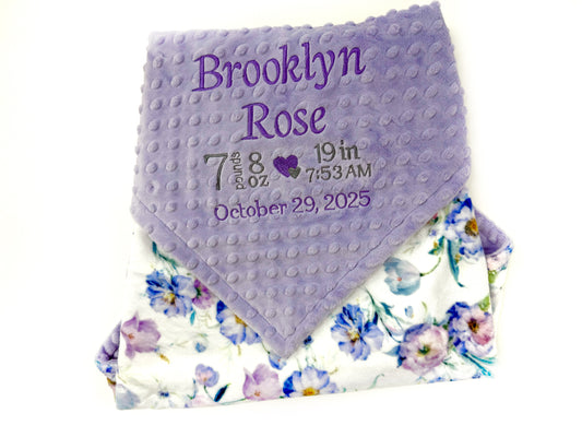 Personalized Baby Blanket in Lavender Floral Minky with Name or Birth Stats, Newborn Baby Gift