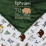 Birth Stats Baby Blanket, Green Woodland Animal Minky, Birth Stats with Bear, Personalized Gift for Baby