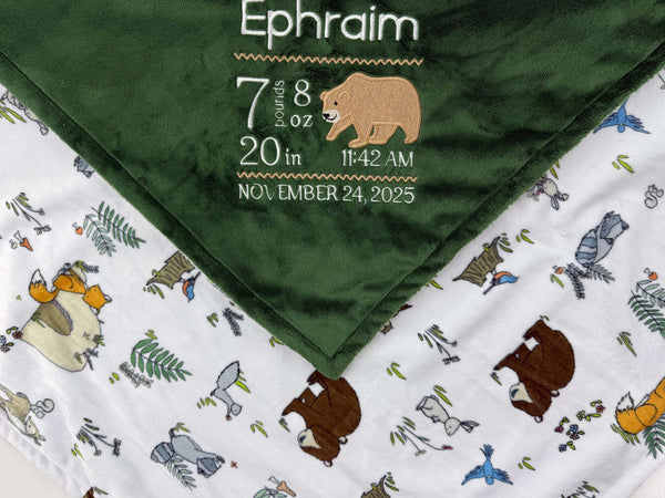 Birth Stats Baby Blanket, Green Woodland Animal Minky, Birth Stats with Bear, Personalized Gift for Baby