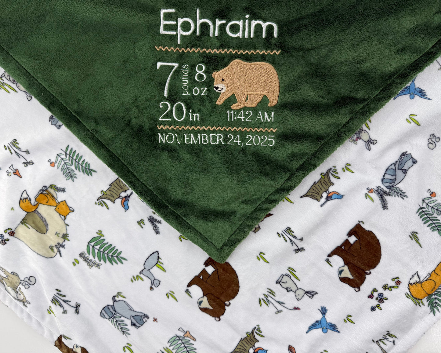 Birth Stats Baby Blanket, Green Woodland Animal Minky, Birth Stats with Bear, Personalized Gift for Baby