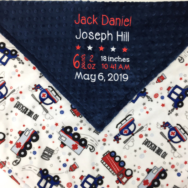 Personalized Blanket Embroidered with Baby Birth Stats, Navy and Red with Fire Trucks Police Cars, Keepsake Baby Gift