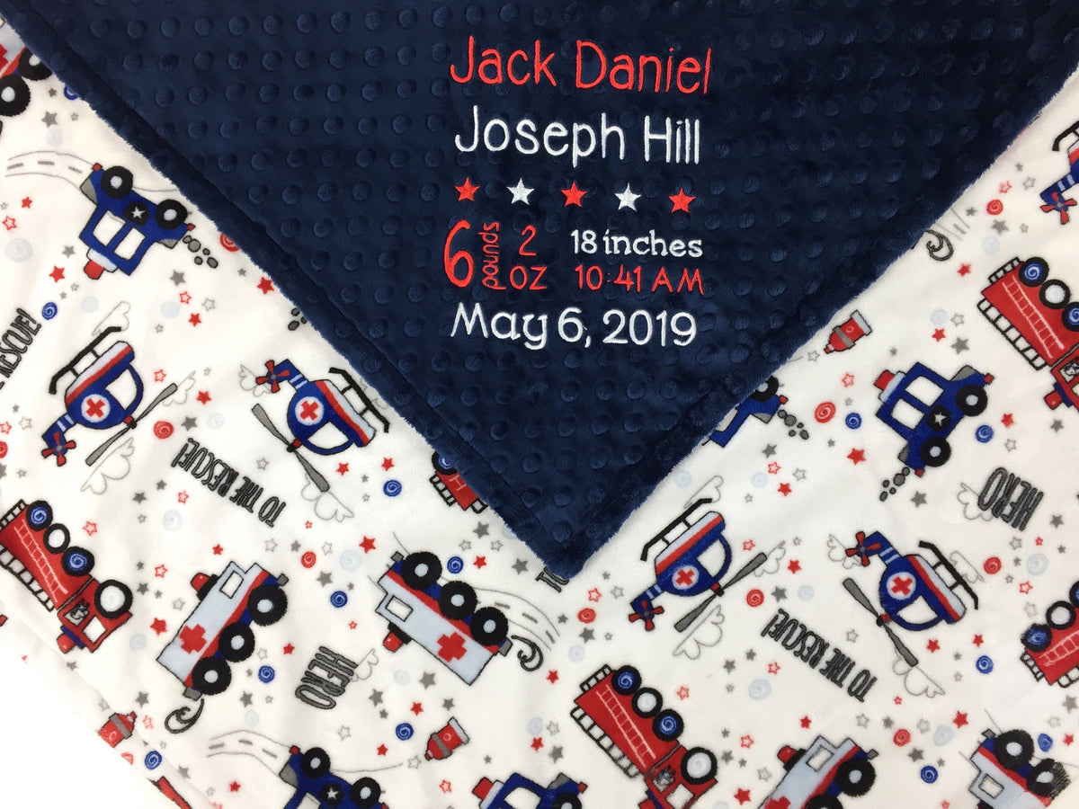 Personalized Blanket Embroidered with Baby Birth Stats, Navy and Red with Fire Trucks Police Cars, Keepsake Baby Gift
