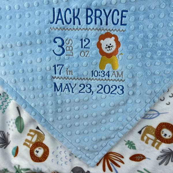 Personalized Baby Blanket, Blue Minky, Zoo Animals Nursery, Jungle Friends, Birth Stats and Lion, Custom Blanket, Baby Gift for Grandson
