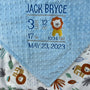 Personalized Baby Blanket, Blue Minky, Zoo Animals Nursery, Jungle Friends, Birth Stats and Lion, Custom Blanket, Baby Gift for Grandson