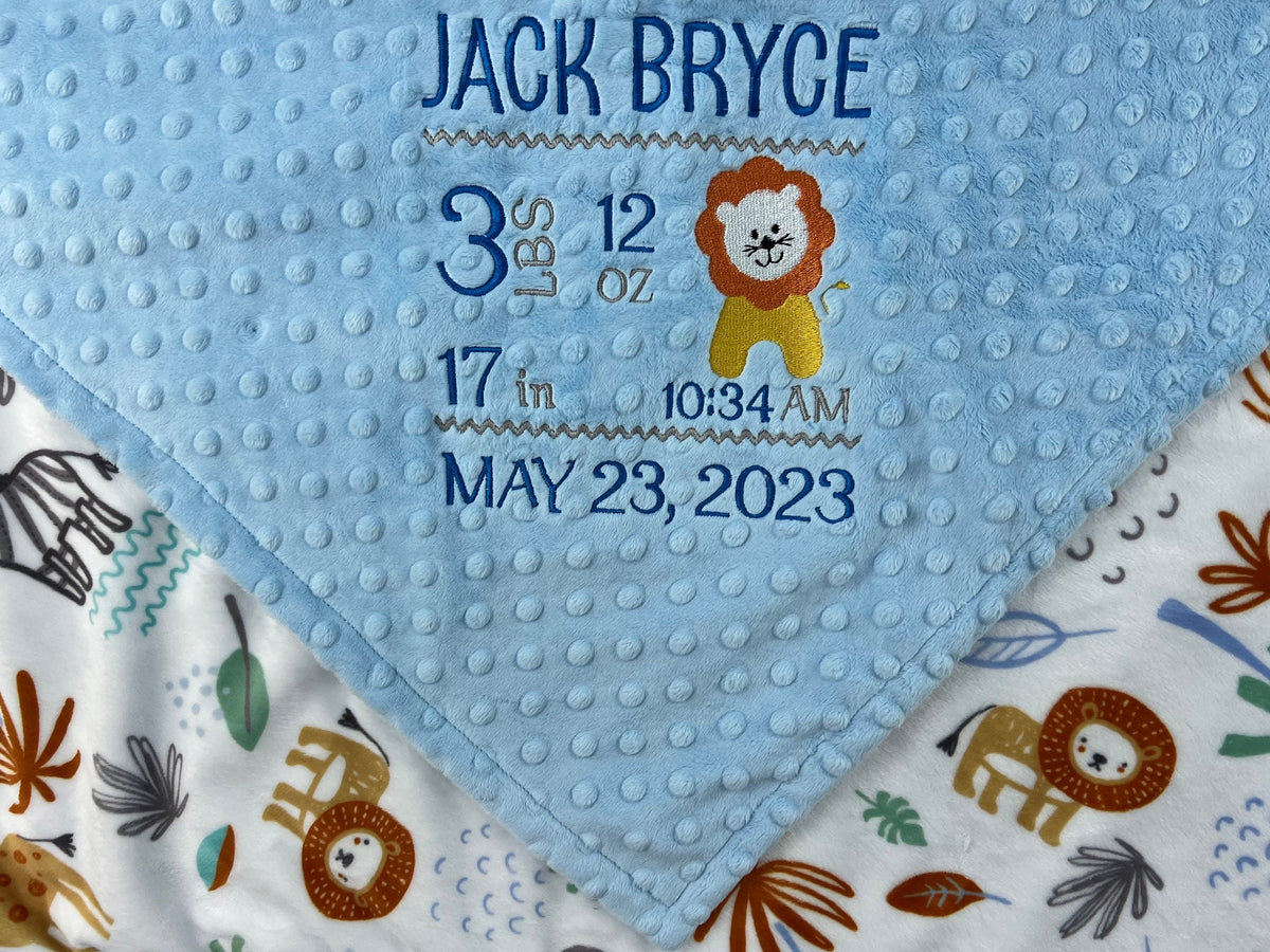 Personalized Baby Blanket, Blue Minky, Zoo Animals Nursery, Jungle Friends, Birth Stats and Lion, Custom Blanket, Baby Gift for Grandson