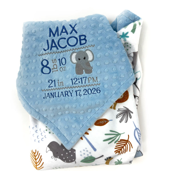 Personalized Baby Blanket in Denim Blue and Jungle Animals Minky, Embroidered Birth Stats with Elephant, Baby Boy Gift