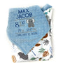 Personalized Baby Blanket in Denim Blue and Jungle Animals Minky, Embroidered Birth Stats with Elephant, Baby Boy Gift