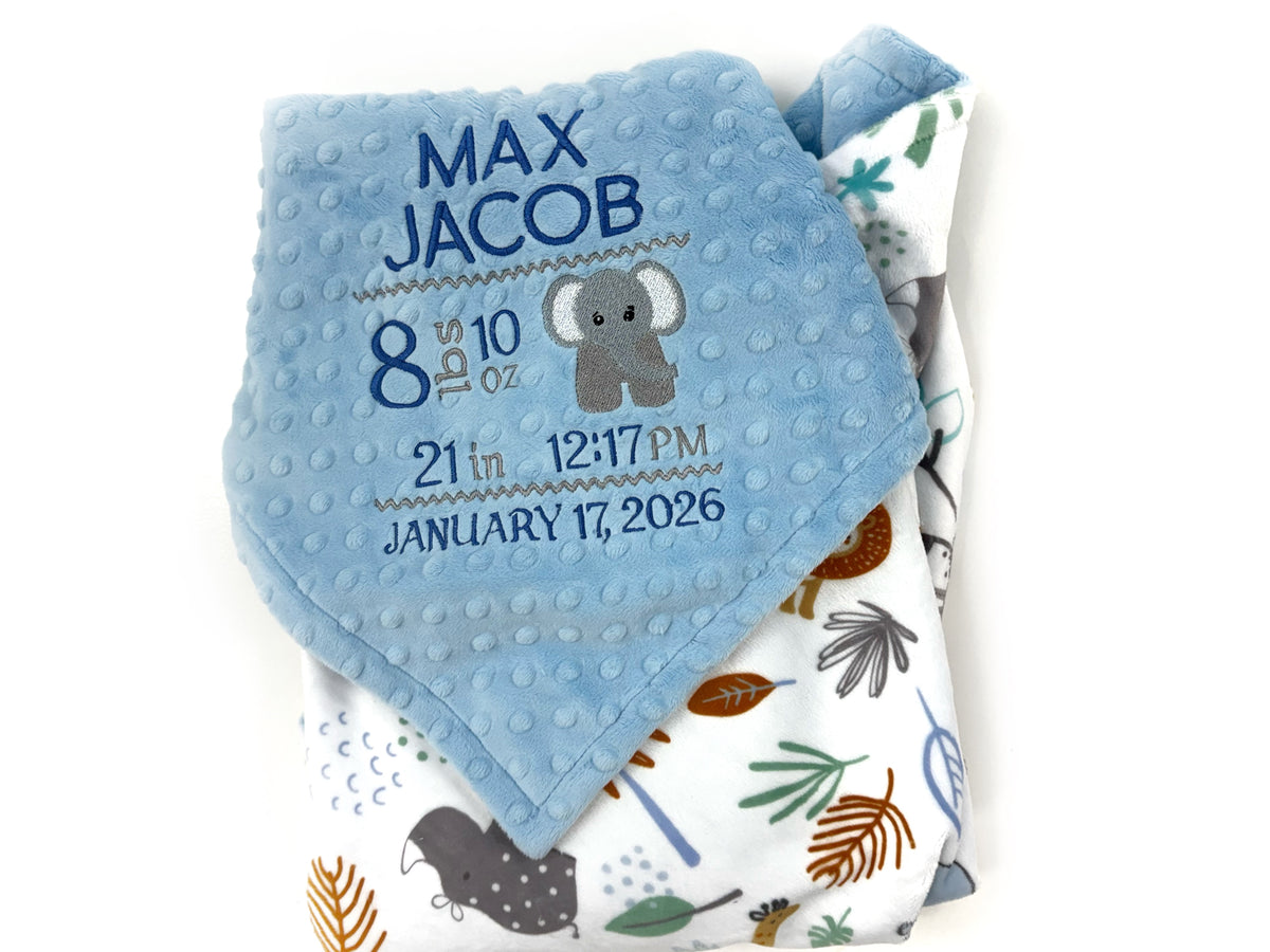 Personalized Baby Blanket in Denim Blue and Jungle Animals Minky, Embroidered Birth Stats with Elephant, Baby Boy Gift
