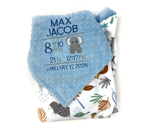 Personalized Baby Blanket in Denim Blue and Jungle Animals Minky, Embroidered Birth Stats with Elephant, Baby Boy Gift