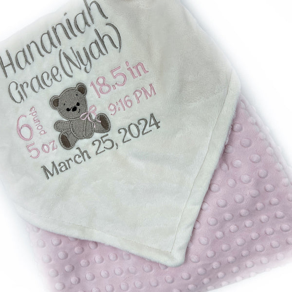 Ivory Baby Blanket, Teddy Bear Birth Design, Light Pink and Ivory Baby Blanket, Personalized Blanket, Baby Gift, Keepsake Gift for Baby Girl