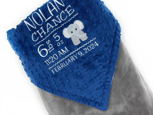 Birth Stats Blanket, Midnight Blue and Gray Minky, Elephant Birth Stats, Newborn Gift for Boy, Personalized Gift for Baby, Zoo Animal Decor