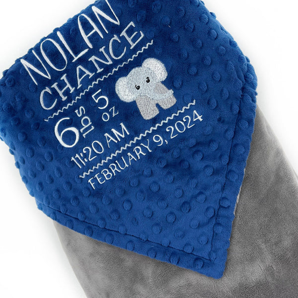 Birth Stats Blanket, Midnight Blue and Gray Minky, Elephant Birth Stats, Newborn Gift for Boy, Personalized Gift for Baby, Zoo Animal Decor