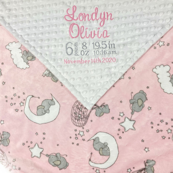 Elephant Baby Blanket, Pink and White Minky, Personalized Blanket, Baby Girl Keepsake, Elephant Nursery Theme, First Birthday Gift