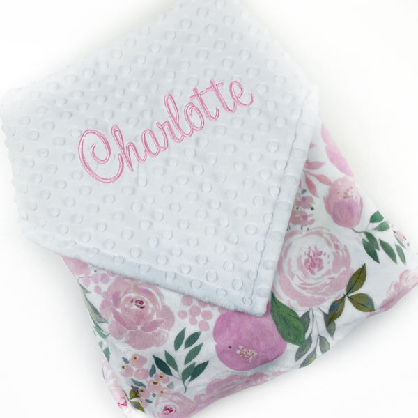 Personalized Baby Blanket, White with Pink Flowers Minky, Plush Newborn Baby Blanket, Keepsake Gift for Girls, Embroidered Name Blanket
