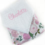 Personalized Baby Blanket, White with Pink Flowers Minky, Plush Newborn Baby Blanket, Keepsake Gift for Girls, Embroidered Name Blanket
