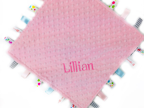 Personalized Lovey Tag Blanket in Pink Llama Minky, Sensory Gift for Baby Girl