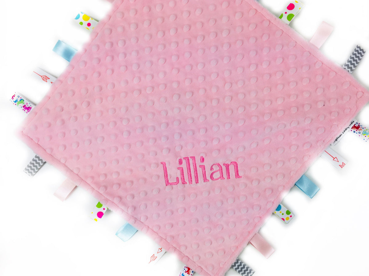 Personalized Lovey Tag Blanket in Pink Llama Minky, Sensory Gift for Baby Girl