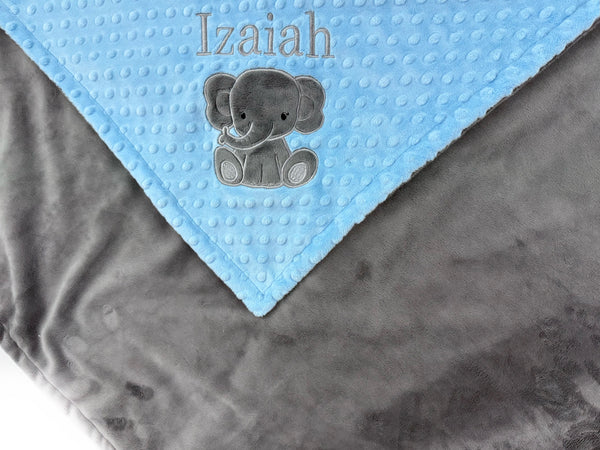 Elephant Baby Blanket, Light Blue and Gray Minky, Personalized Gift for Baby Boy